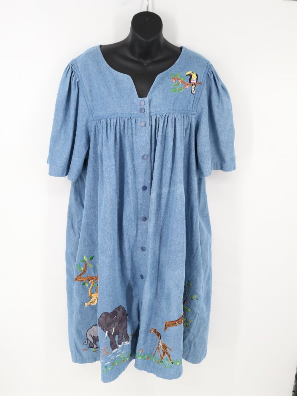 Go Softly Patio Denim Jungle Animals Embroidered Dress Snap Front Cotton Size XL